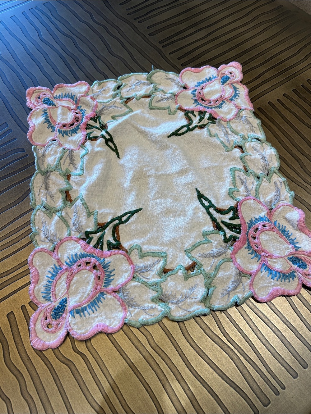 Vintage Pink & White Embroidered Floral Doily